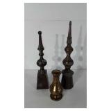 Home decor, two pillar finials and brass vase,