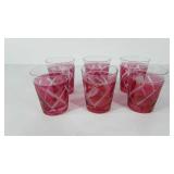 Glassware, set of six cranberry etched glasses,