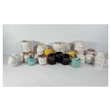 Rae Dunn ceramics, includes mugs, garlic keeper,