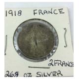 1918 silver 2 franc French coin