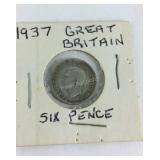 1937 silver British 6 pence coin