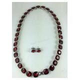 Simulated Ruby stud earrings and 20in silvertone