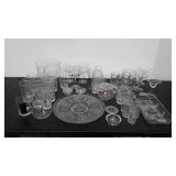 Glassware, etched platter, compote, tumblers,