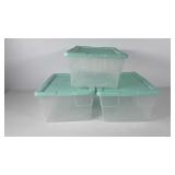 Three Sterilite storage bins, 7x10x17
