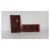 Two wooden Asian style relief panels, 9x16 and