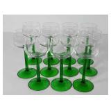 Green glass stemmed glasses, marked France,