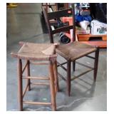 2pc Furniture lot, Early rush cane seat Stool,