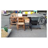 Group of Misc Furniture pcs, basket, high chair,