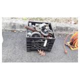 Hardware, milk crate with casters, pulls, hooks,