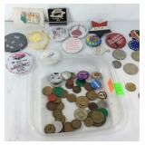 Buttons, tokens, casino chips, pins etc