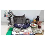 Mixed group, tote bags, mugs, leaded glass lamp