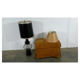 Ottoman, lamp and shade, both lamp shades damaged
