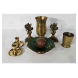 Home decor, mostly brass, includes vases, candle