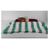 Wooden pumpkin bowl, bud vase and two knit throws