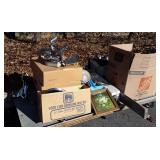 Skid lot of mini blinds, tote, picture frames,