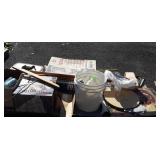 Skid with pizza stone, canning jars, fan,