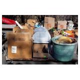 Skid with wooden train parts, roaster pan,