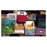 Skid with igloo cooler, wooden box, plastic