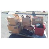 Skid with VHS tapes, Christmas decorations, Jello