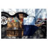 Skid of Noritake cups, swag lamp, toolbox,