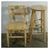 Light wood chair and stool, chair embellished as