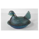 Blue iridescent glass hen on nest, 7"