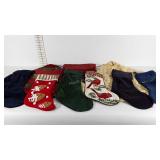 Christmas holiday textiles, six stockings, two