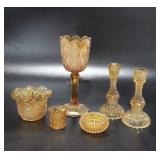 Amber Glass group, candleholders, toothpick