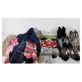 Clothing, ladies shoes, various sizes, scarves,