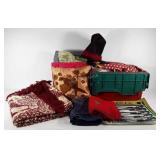 Tote full of fabric scraps, ribbon, snowman hat,