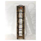 Oak and wrought iron wall mount wine bottle rack,