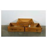 Pine wood drawers, 3, each measures 22 x 13 x 7