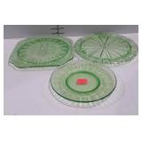 Glassware, green depression glass, two cake