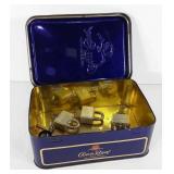 Padlocks with keys in Crown Royal tin