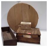 Four wooden boxes, includes round cheese box,
