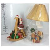 Teddy bear table lamp and girl on rocking horse