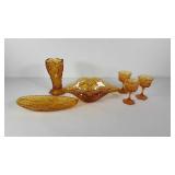 Amber glass group, console bowl, 9" vase, boat