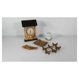 Decor, mid Century dish, brass napkin rings,