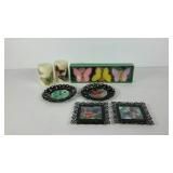 Butterfly decor, includes candles, framed photos