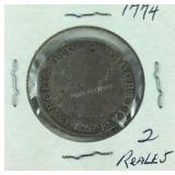 1774 Spanish 2 reales silver coin