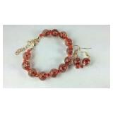 Red Murano style bracelet and earrings goldtone