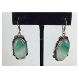 Striated Green Agate Fish Hook Earrings, Sterling