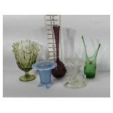 Glass vase group, five including mid century