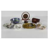 Asian style decor, small gong, bowls, chest, etc.