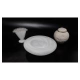 Fenton silvercrest fan vase, Lenox rose jar and