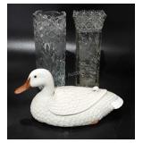 Home decor, includes two glass vases and ceramic