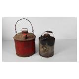 Two metal fuel cans, red is marked Eagle, both