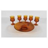 Amber glass, 11" bowl and five goblets