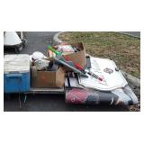 Skid of books, sign,  deca hat, cooler, cake