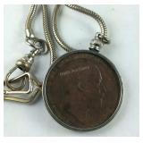 1904 English penny on watch fob chain 14in
